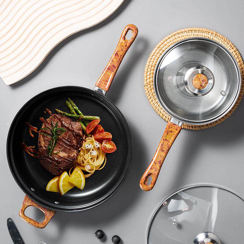 不锈钢具1烹2件套锅木柄纹手无品牌/带水壶锅具组合厨房饪平底锅