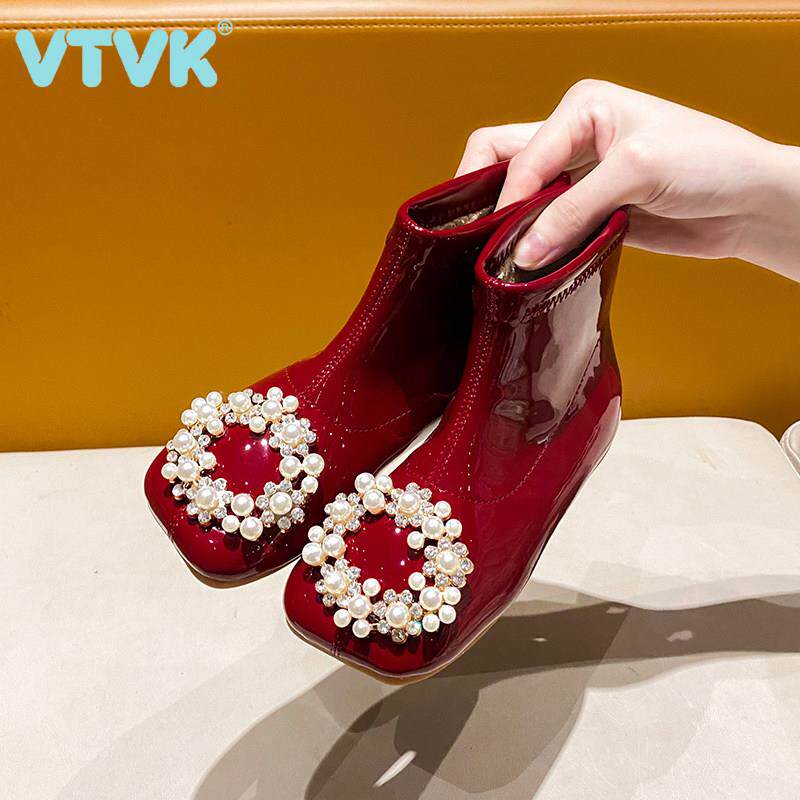 VTVK女童短靴单靴儿童皮靴2025新款秋冬加绒靴子中大童公主马丁靴
