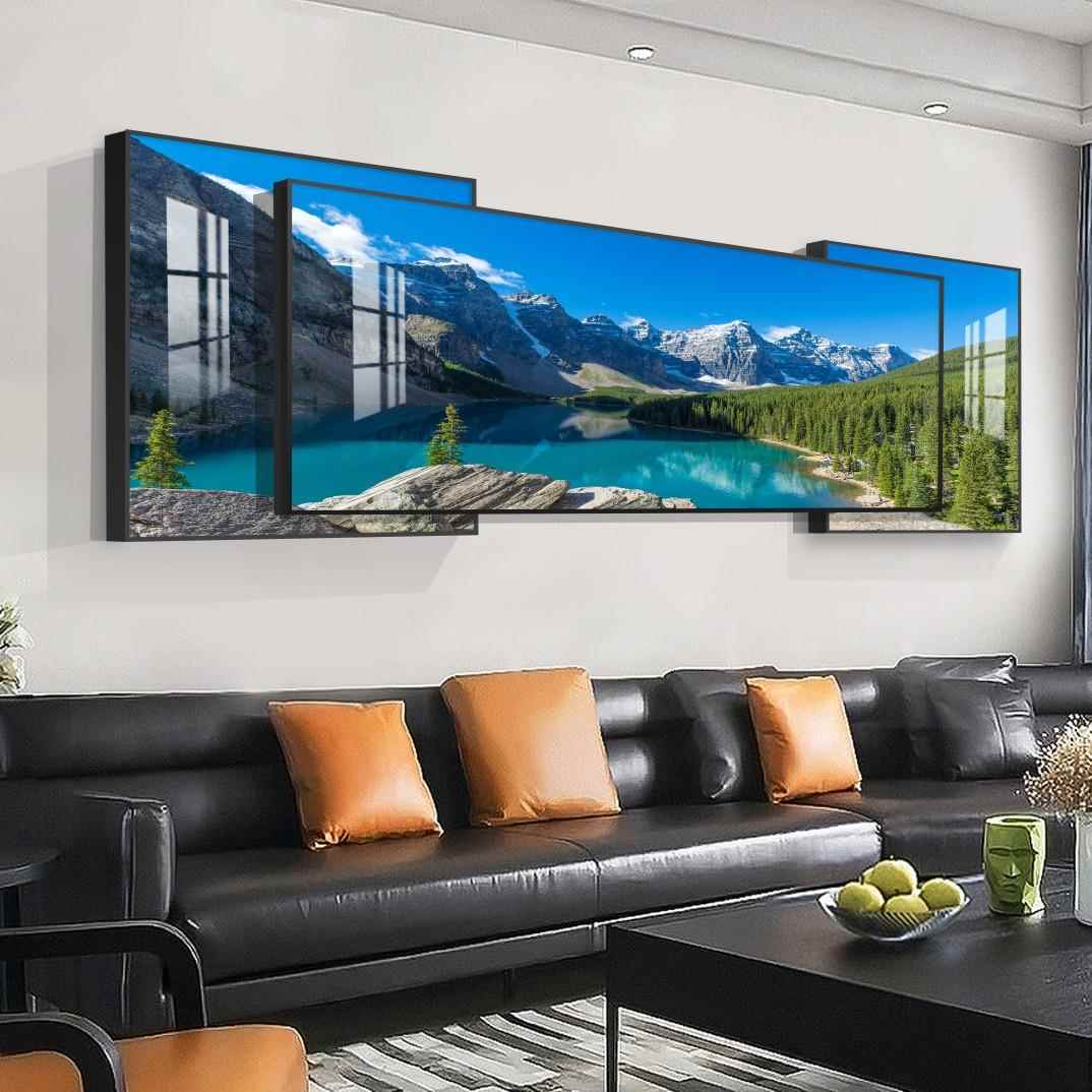 定做奢双层叠加装饰客厅沙发画背墙三景联背挂画大气山靠晶瓷轻有