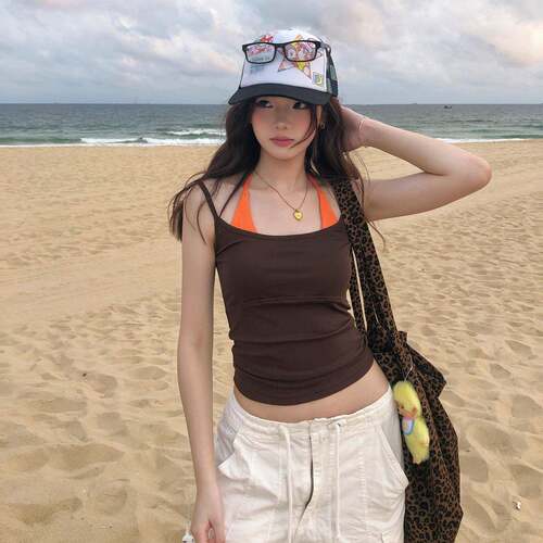 SadSoil 假两件挂脖吊带背心女夏季休闲性感辣妹外穿短款内搭上衣