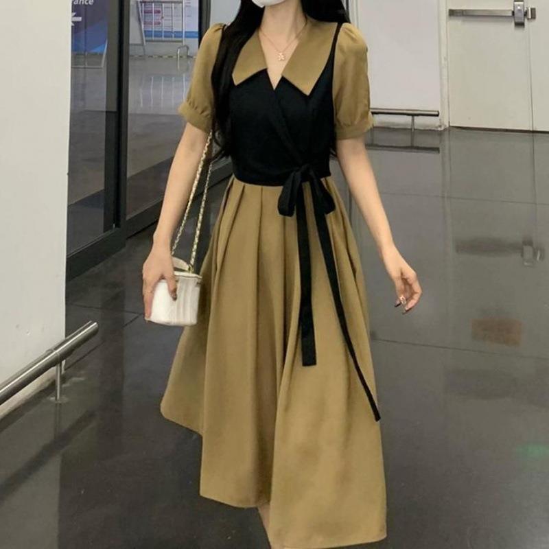 大码茶歇法式复古假两件连衣裙女夏微胖显瘦裙子质感高级感中长裙图片
