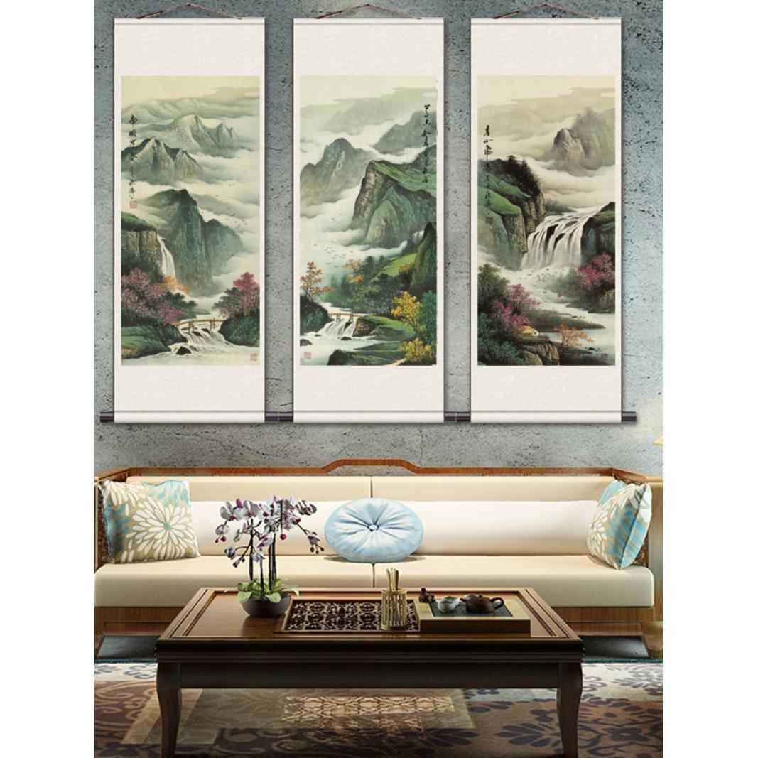 石州山水画、中国画、办公室书画、飞瀑、挂画、卷轴壁画、绢画、