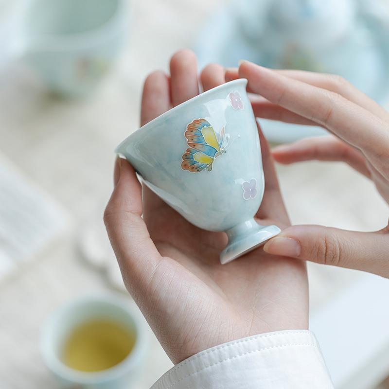 弥言有田烧手绘蝴蝶主人手工陶瓷高足大号茶杯家用品茗杯个人专用