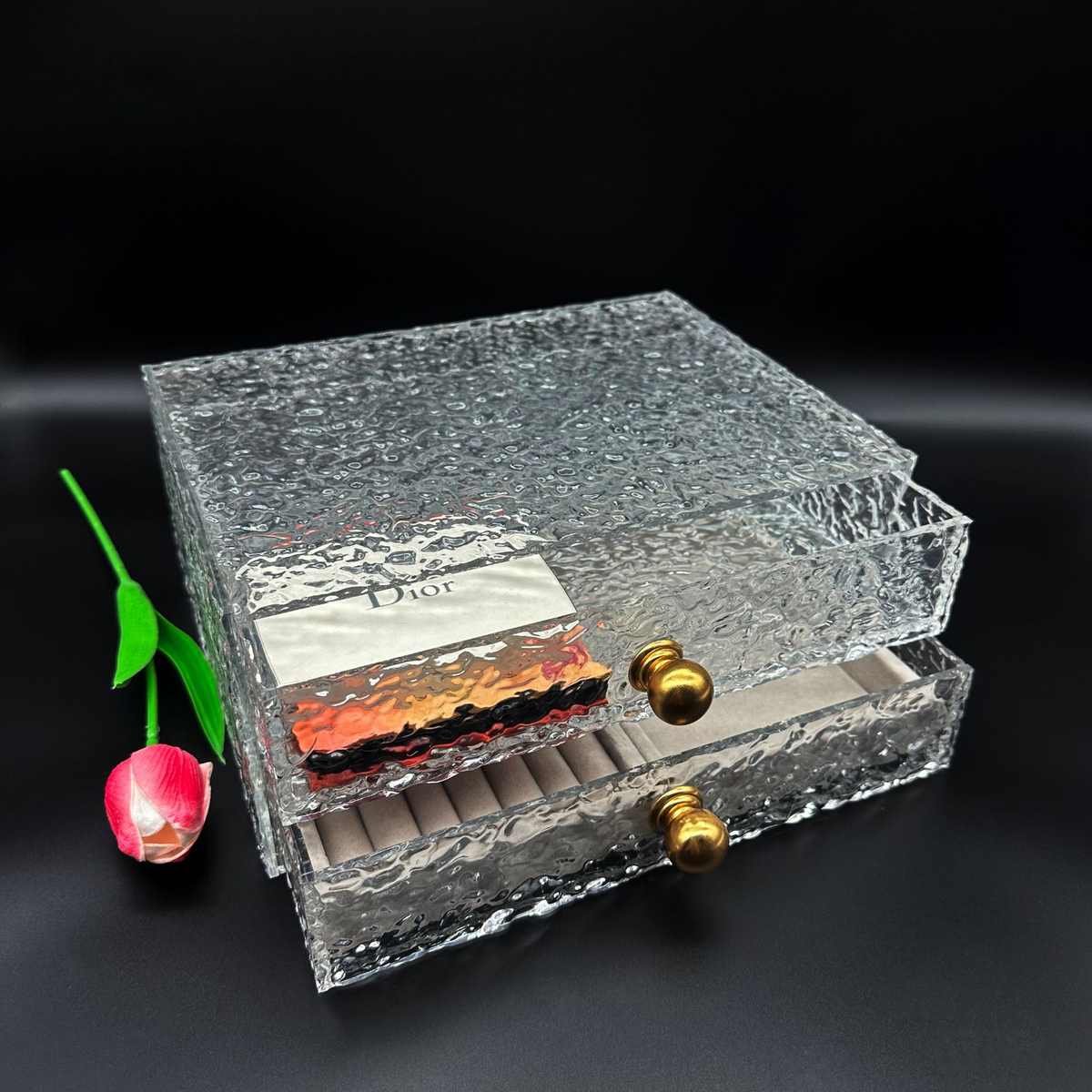 热销定制桌面二层水波纹亚克力礼品盒 抽屉式亚克力收纳盒