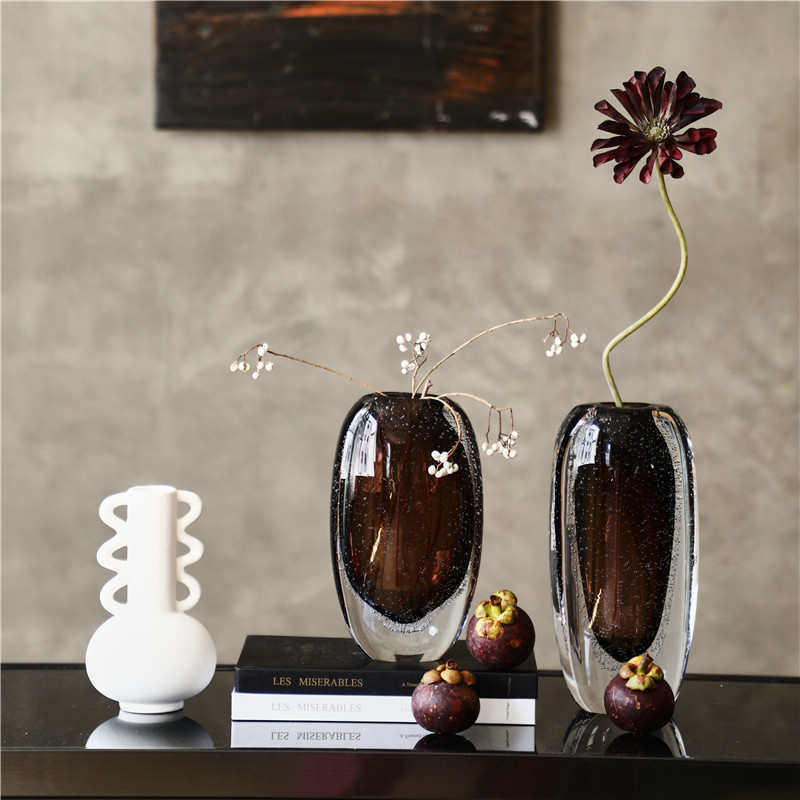 现代简约气泡厚底茶棕琉璃扁口花瓶居家客厅样板间轻奢台面摆装饰,家居饰品,装饰摆件,淘宝优惠券,粉丝福利购,淘宝优惠卷