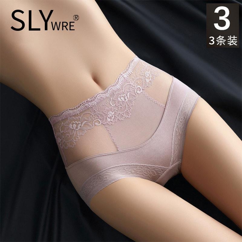 SLY WRE拼接蕾丝高腰内裤女士纯棉收腹提臀抗菌裆性感透明三角裤
