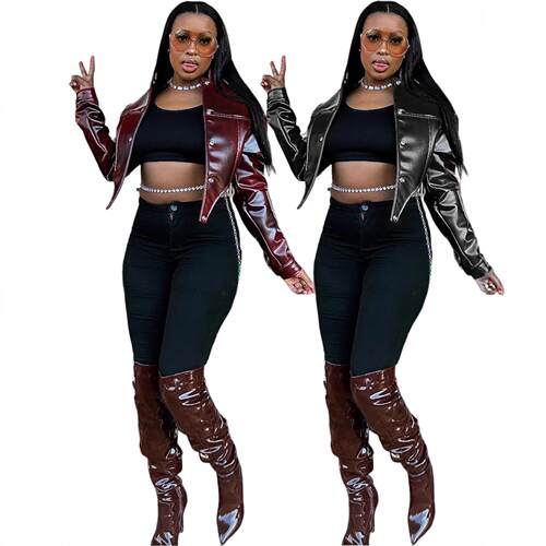 Waist revealing short leather jacket for women's clothing