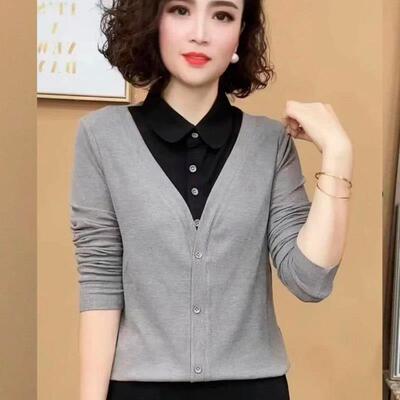 欧洲站中年妈妈春秋新款时尚洋气高级感拼色休闲假两件纯棉上衣长