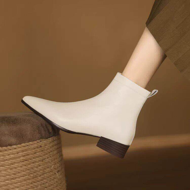 秋冬米白色柔软牛皮低跟3cm尖头短靴女粗跟及踝靴真皮马丁靴加绒