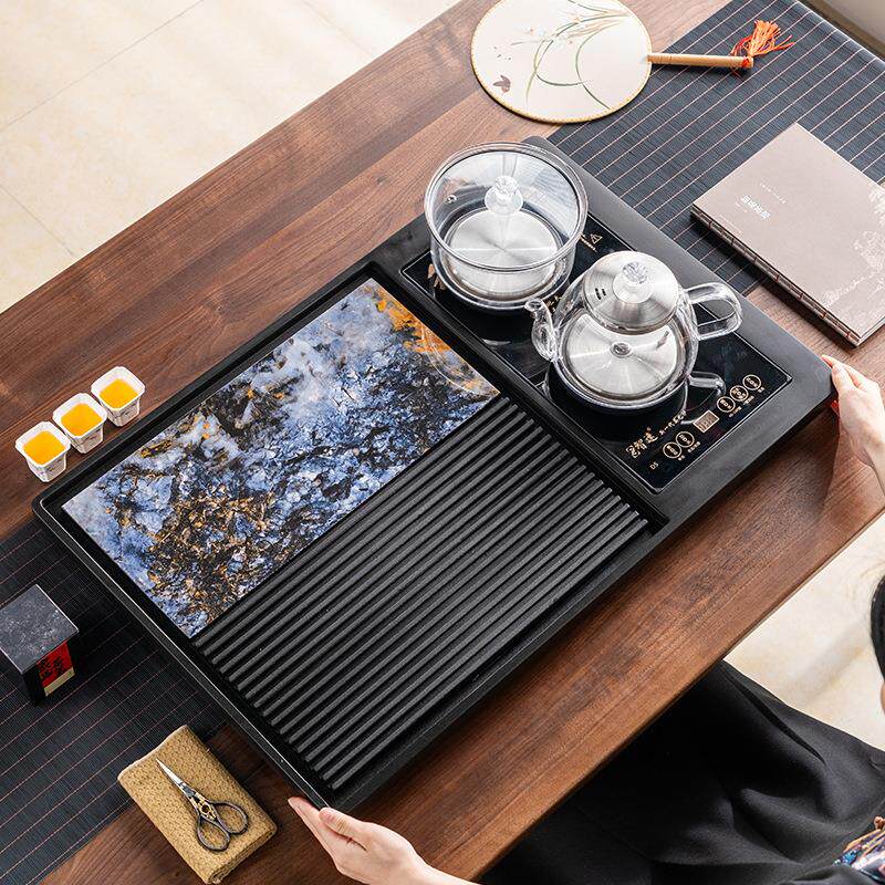 天然乌金石奢石岩板茶盘全自动烧水一体式电磁炉家用套装排水茶台
