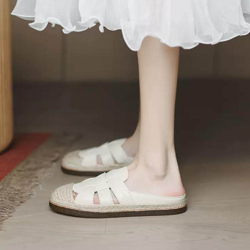 真皮包头半拖鞋女2024夏季新款百搭外穿软底洞洞鞋牛筋底防滑凉鞋