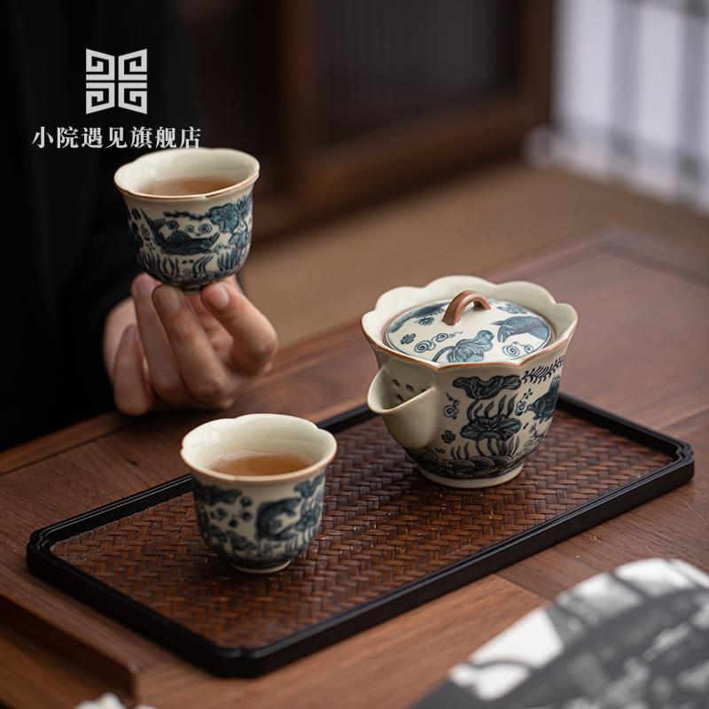 国潮禅意鱼藻纹一壶两杯喝茶套装家用开片可养手抓壶茶杯组