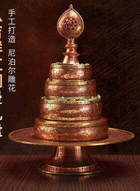 藏族纯红铜曼扎盘格桑花手工藏式供奉八吉祥修供盘曼茶罗摆件家用