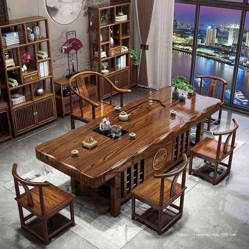 实木大板茶桌桌椅组合一桌五椅中式家用茶台办公室茶几泡茶一体