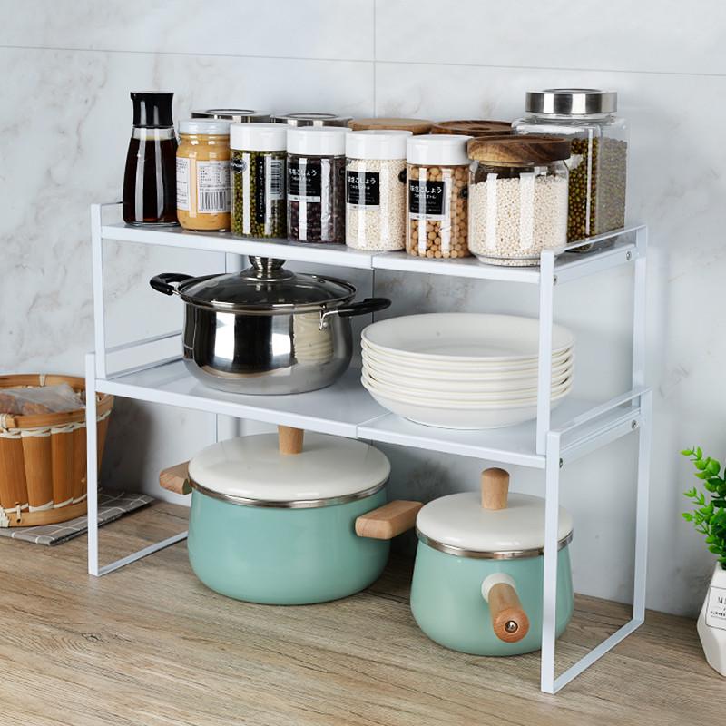 2N厨房可伸缩置物架放锅架子碗架盘碟子二层收纳架橱柜内分层架隔