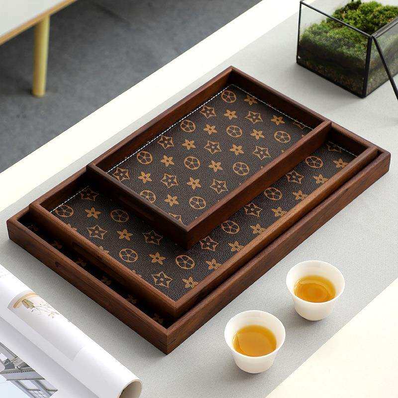 现代胡桃木框质皮托盘长方形家用托盘实木收纳盘酒杯茶水文玩摆件