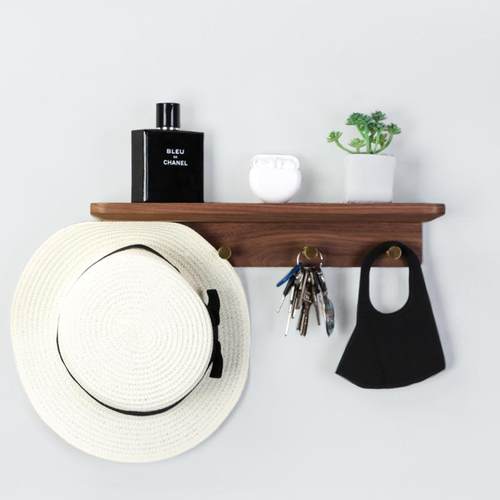 载物 壁挂木质衣帽钩 玄关免打孔钥匙挂钩 卧室实木置物架隔板