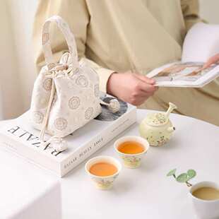 手绘织锦茶壶侧家用玫瑰花女士壶小包茶具蝴蝶旅行二杯把一壶便携