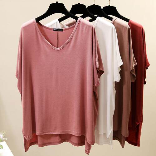 Bit cotton V-neck plus size base shirt, short sleeved