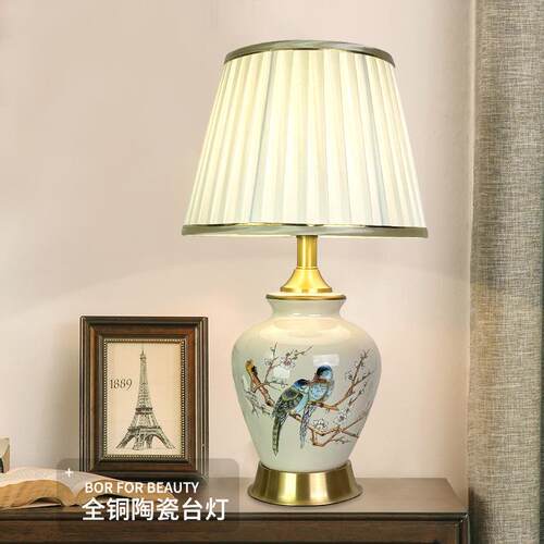 美式花鸟陶瓷台灯客厅书房复古角几边柜创意灯具卧室床头全铜小号
