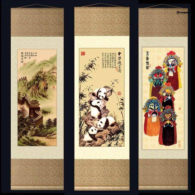中国特色礼物送老外熊猫丝绸卷轴画出国外国人的礼品中国风纪厂家