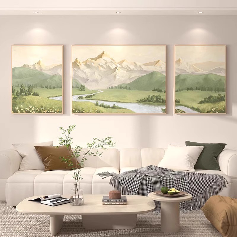 日照金山客厅装饰画背靠聚宝盆山水风景画原木挂画沙发背景墙壁画