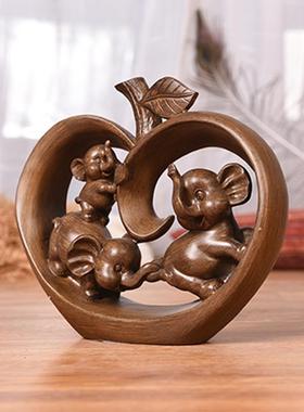 一家三口象摆件新中式创意拉丝桃心象家居装饰礼品树脂工艺品