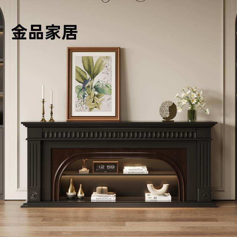 法式简美轻奢电视柜黑色彷真火取暖壁炉柜大尺寸实木装饰柜子定制