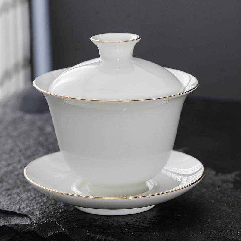 景德镇羊脂玉描金盖碗茶杯德化白瓷茶碗大容量带盖单个功夫茶具三