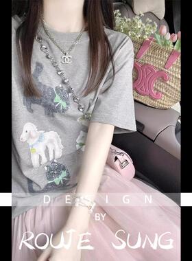 ROUJE SUNG法式卡通印花短袖T恤女夏高腰粉色网纱绝美半裙两件套
