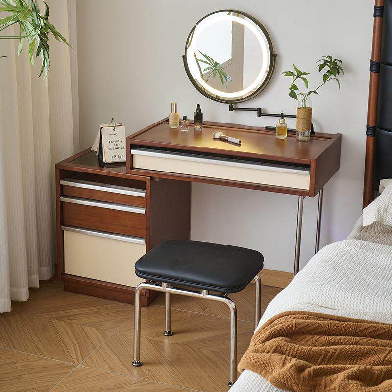 中古风橡胶木实木梳妆台斗柜收纳柜一体梳妆台主卧室床头柜化妆桌