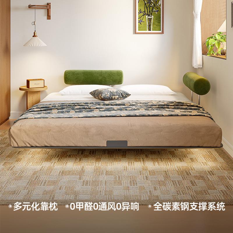 无床头床悬浮布艺床中古风实木床小户型可移动靠枕双人极简齐边床