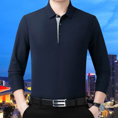 春秋男士丝长袖恤5575-P中青男年式桑蚕加绒免烫翻领恤男品牌装