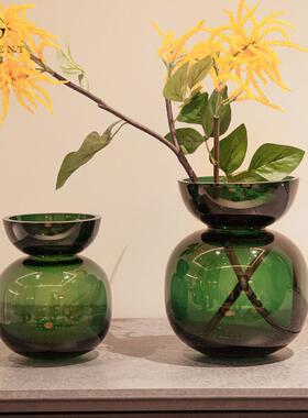 晶淳墨绿色玻璃宝石绿花器插花水培绿植餐桌装饰摆件饰品花瓶手工