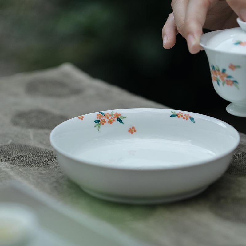 束刻白瓷玉泥手绘小碎花壶承干泡盘茶承茶台圆盘蓄水盘点心盘单层