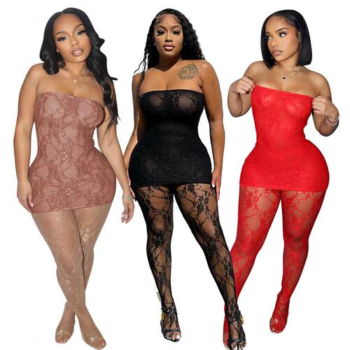 See Through Strapless Lace Bodycon Dress With Stockings Sets