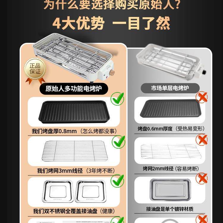 原始人电烧烤炉家用室内烧烤架电烤盘炉子烤肉机烤串多功能电烤锅