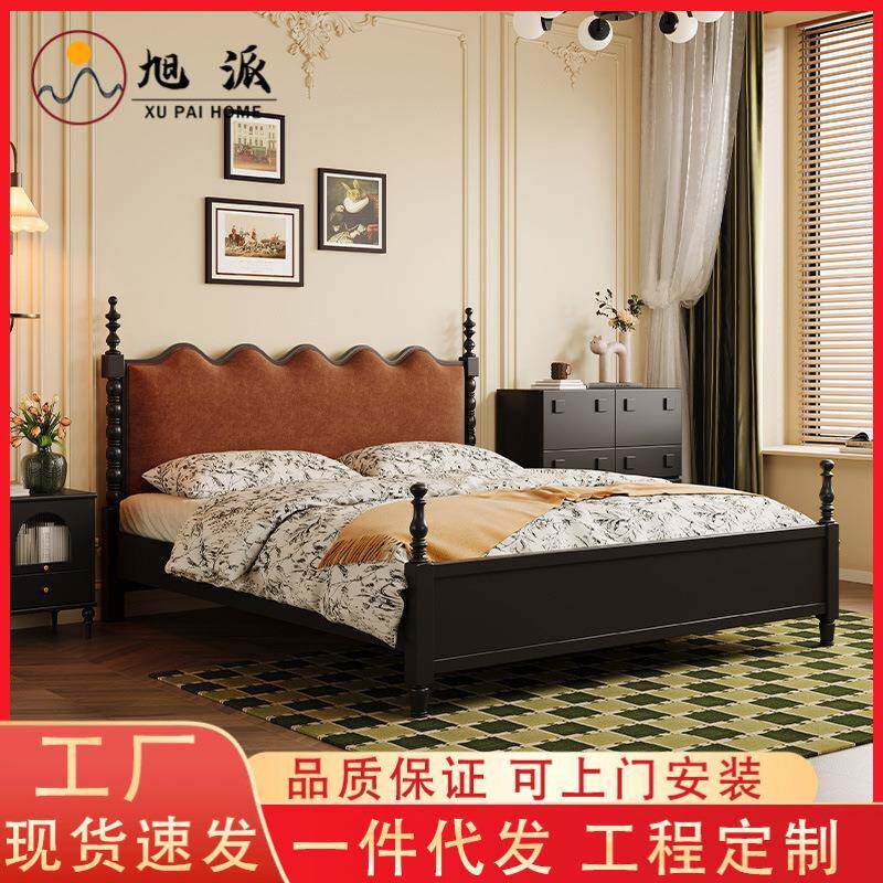 网红全实木床法式复古美式乡村中古风双人主卧大床头软包婚床1.8