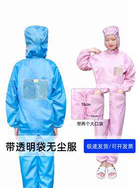 无尘服装背带标签翻盖口袋裤背带透明背包清洁车间工作服蓝色防静