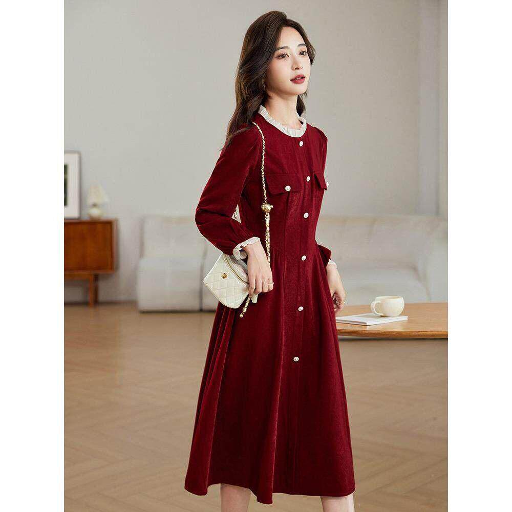 香港大码小香风连衣裙2026春秋女装红色长袖胖mm收腰显瘦气质裙子