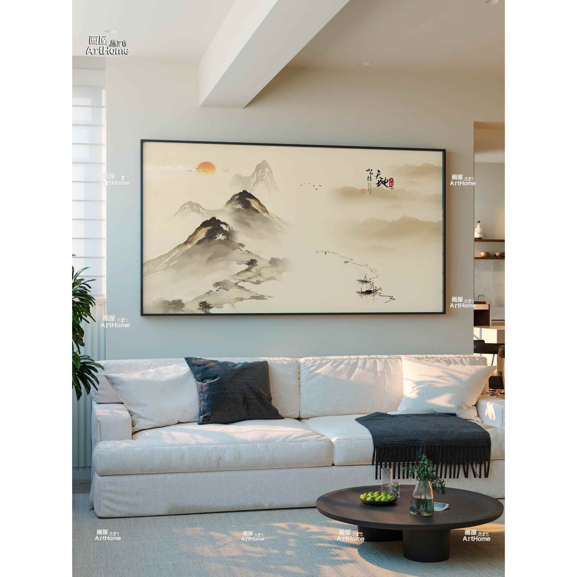 新中式水墨山水装饰画客厅意境挂画现代中古书房禅意太阳飞鸟壁画