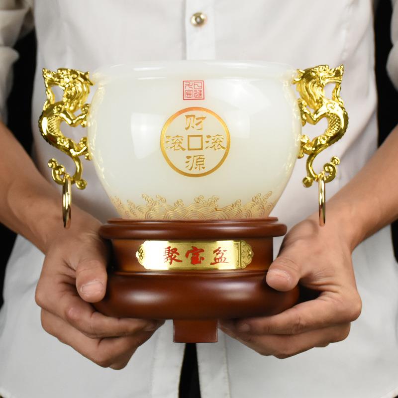 聚宝盆摆件琉璃玉办公室老板台桌创意招财工艺品商务开业礼品定制
