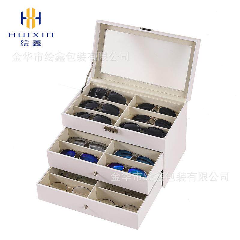 现货3层白色PU皮眼镜收纳盒 高透玻璃展示盒 打容量多功能饰品收