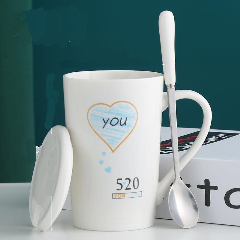 简约家用杯子情侣水杯陶瓷马克杯带盖子勺办公室咖啡杯女喝水杯一