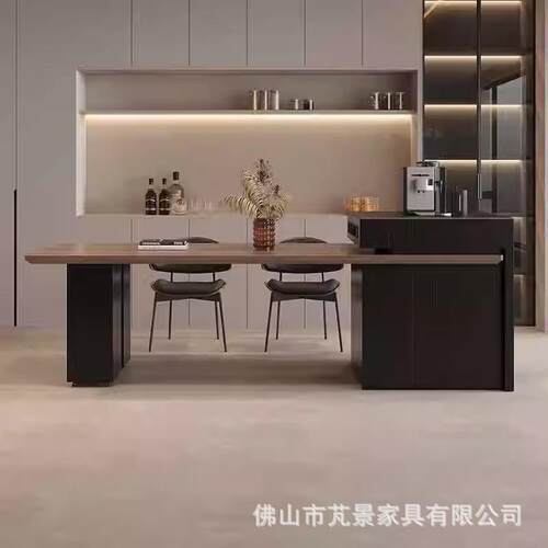 岛台桌一体可伸家用大户型现代简约黑胡桃餐纹岩板中木岛台吧BBM