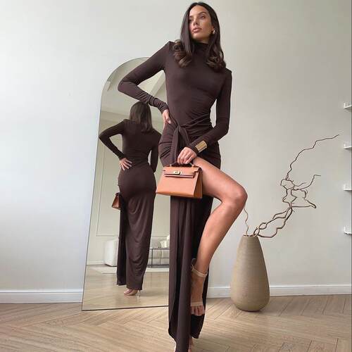 Women's slit hip hugging long skirt high neck