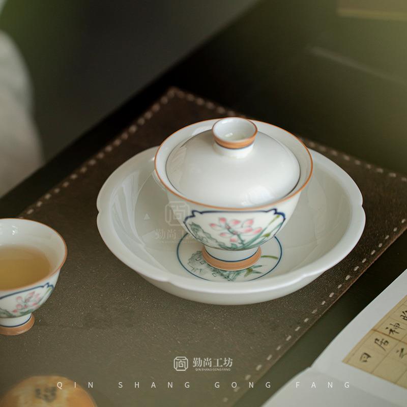 手绘兰花壶承陶瓷茶具配件盖碗底托干泡盘茶承家用茶点盘水果盘