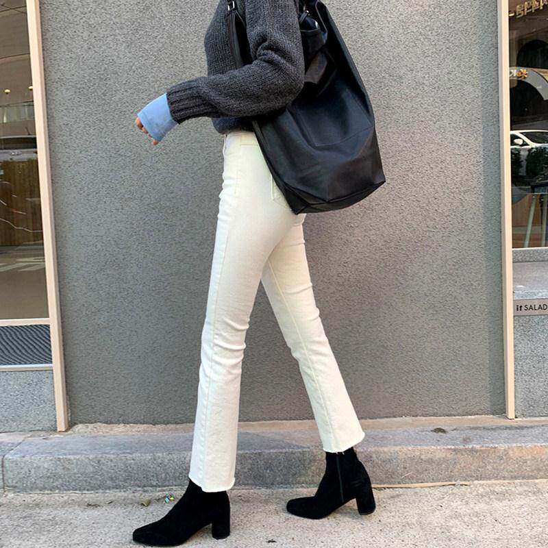白色喇叭牛仔裤女紧身裤子2025春季韩版八分高腰直筒毛边微喇女裤