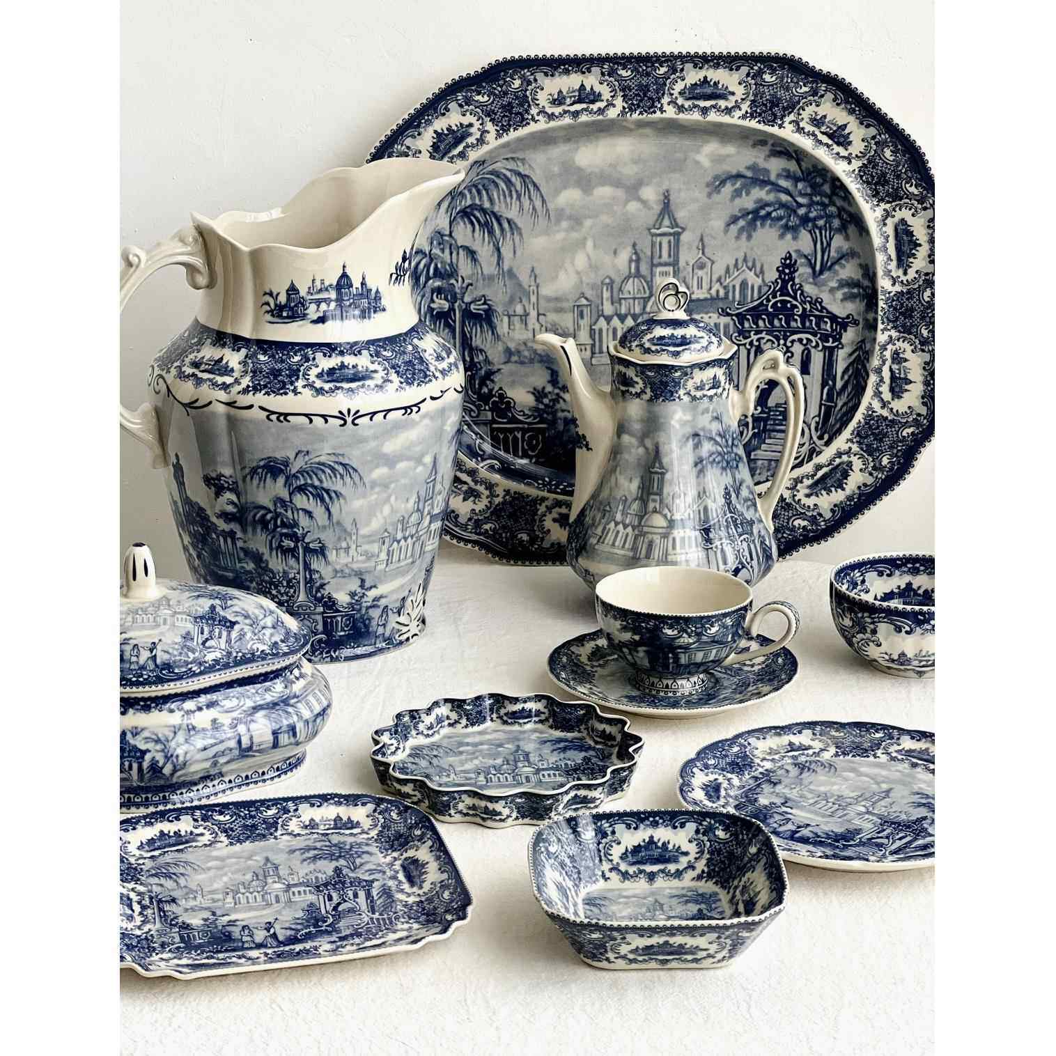 欧洲名画蓝色系列釉中彩黑瓷蓝堡人物陶瓷盘咖咖杯茶杯茶壶花瓶