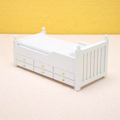 1：12迷你娃娃屋摆件dollhouse家具OB11床仿真木床带抽屉微缩床